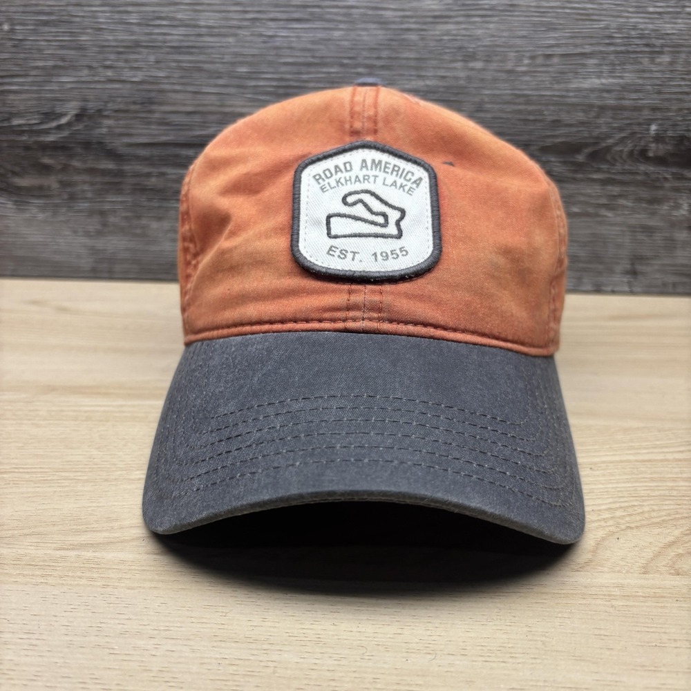 Road America Hat Cap Strap Back Mens Orange Gray Patch Racing Elkhart Lake Track